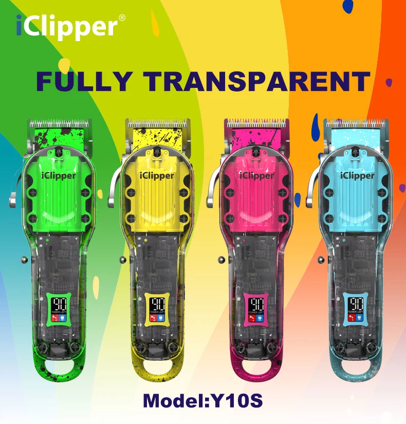 Iclipper-Y10s Hot Sale Basic Customization Professional Hair Clippers Transparent Shell Cordless Hair Cutting Machine